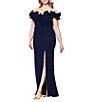 Xscape Plus Size Scuba Crepe Ruffle Off The Shoulder Neck Ruched Gown, Color:Navy - Image 1