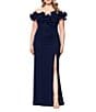 Xscape Plus Size Scuba Crepe Ruffle Off The Shoulder Neck Ruched Gown, Color:Navy - Image 3