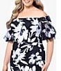 Color:Black/White - Image 3 - Plus Size Scuba Crepe Short Sleeve Off-The-Shoulder Floral Gown