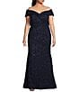 Color:Navy - Image 1 - Plus Size Sweetheart Off-the-Shoulder Embroidered Lace Gown