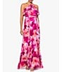 Color:Fuchsia/Coral - Image 1 - Printed Halter Neck Sleeveless Rosette Ruffle Gown