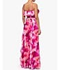 Color:Fuchsia/Coral - Image 2 - Printed Halter Neck Sleeveless Rosette Ruffle Gown