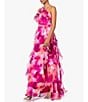 Color:Fuchsia/Coral - Image 3 - Printed Halter Neck Sleeveless Rosette Ruffle Gown