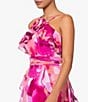 Color:Fuchsia/Coral - Image 4 - Printed Halter Neck Sleeveless Rosette Ruffle Gown