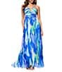 Xscape Abstract Print Pleated Chiffon Halter Neckline Sleeveless Maxi Dress, Color:Lime/Blue - Image 1