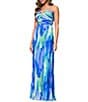 Xscape Abstract Print Pleated Chiffon Halter Neckline Sleeveless Maxi Dress, Color:Lime/Blue - Image 3