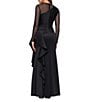 Xscape Round Neck Long Illusion Mesh Sleeves Ruffle Front Scuba Crepe Gown, Color:Black - Image 2
