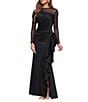 Xscape Round Neck Long Illusion Mesh Sleeves Ruffle Front Scuba Crepe Gown, Color:Black - Image 3