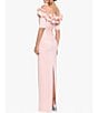 Color:Blush - Image 2 - Ruffle Off-the-Shoulder Short Elbow Sleeve Column Back Slit Ruched Crepe Gown
