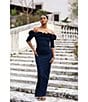 Xscape Ruffled Off-the-Shoulder Short Sleeve Crepe Sheath Gown, Color:Navy - Image 7