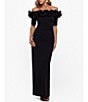 Color:Black - Image 1 - Ruffled Off-the-Shoulder Short Sleeve Crepe Sheath Gown