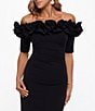 Color:Black - Image 3 - Ruffled Off-the-Shoulder Short Sleeve Crepe Sheath Gown