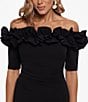 Color:Black - Image 5 - Ruffled Off-the-Shoulder Short Sleeve Crepe Sheath Gown