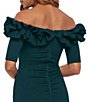 Xscape Ruffled Off-the-Shoulder Short Sleeve Crepe Sheath Gown, Color:Pine - Image 4