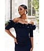 Xscape Ruffled Off-the-Shoulder Short Sleeve Crepe Sheath Gown, Color:Navy - Image 8