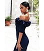 Xscape Ruffled Off-the-Shoulder Short Sleeve Crepe Sheath Gown, Color:Navy - Image 9