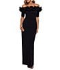 Xscape Ruffled Off-the-Shoulder Short Sleeve Crepe Sheath Gown, Color:Black - Image 1