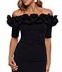 Xscape Ruffled Off-the-Shoulder Short Sleeve Crepe Sheath Gown, Color:Black - Image 3