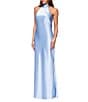 Xscape Satin Halter Neck Sleeveless Sheath Gown, Color:Light Blue - Image 1