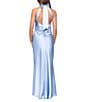 Xscape Satin Halter Neck Sleeveless Sheath Gown, Color:Light Blue - Image 2