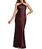 Xscape Satin Lace Combo Halter Strap Sleeveless Long Sheath Dress - Image 1