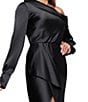 Xscape Satin One Shoulder Long Sleeve Front Ruffle Dress, Color:Black - Image 4