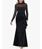 Xscape Scuba Crepe Mock Neck Illusion Sleeve Ruffle Front Gown, Color:Black - Image 1
