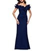 Xscape Scuba Crepe Off-The-Shoulder Neck Short Sleeve Sheath Gown, Color:Navy - Image 1