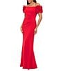 Xscape Scuba Crepe Off The Shoulder Short Ruffle Sleeve Gathered Back Gown, Color:Red - Image 1