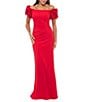 Xscape Scuba Crepe Off The Shoulder Short Ruffle Sleeve Gathered Back Gown, Color:Red - Image 2