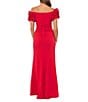 Xscape Scuba Crepe Off The Shoulder Short Ruffle Sleeve Gathered Back Gown, Color:Red - Image 3