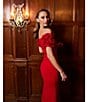 Xscape Scuba Crepe Off The Shoulder Short Ruffle Sleeve Gathered Back Gown, Color:Red - Image 4