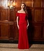 Xscape Scuba Crepe Off The Shoulder Short Ruffle Sleeve Gathered Back Gown, Color:Red - Image 5
