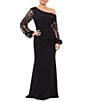 Xscape Scuba Crepe One Shoulder Long 3D Floral Sleeve Gown - Image 1