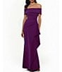 Color:Plum - Image 1 - Scuba Off-the-Shoulder Short Sleeve Ruched Cascading Ruffle Dress