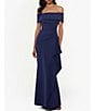 Color:Navy - Image 1 - Scuba Off-the-Shoulder Short Sleeve Ruched Cascading Ruffle Dress