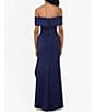 Color:Navy - Image 2 - Scuba Off-the-Shoulder Short Sleeve Ruched Cascading Ruffle Dress