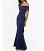Color:Navy - Image 3 - Scuba Off-the-Shoulder Short Sleeve Ruched Cascading Ruffle Dress