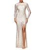 Xscape Sequin Crew Neck Long Sleeve Shirred Sheath Gown - Image 1