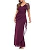 Xscape Short Beaded Sheer Flutter Sleeve Cascading Draped Waist V-Neck Beaded Gown - Image 3
