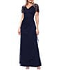 Xscape Short Beaded Sheer Flutter Sleeve Cascading Draped Waist V-Neck Beaded Gown - Image 5