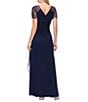 Xscape Short Beaded Sheer Flutter Sleeve Cascading Draped Waist V-Neck Beaded Gown - Image 6