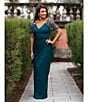 Xscape Short Beaded Sheer Flutter Sleeve Cascading Draped Waist V-Neck Beaded Gown, Color:Neon Emerald - Image 5