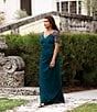 Xscape Short Beaded Sheer Flutter Sleeve Cascading Draped Waist V-Neck Beaded Gown, Color:Neon Emerald - Image 6