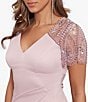 Color:Rose - Image 3 - Short Beaded Sheer Flutter Sleeve Cascading Draped Waist V-Neck Beaded Gown