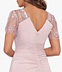 Color:Rose - Image 4 - Short Beaded Sheer Flutter Sleeve Cascading Draped Waist V-Neck Beaded Gown