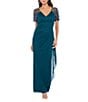 Xscape Short Beaded Sheer Flutter Sleeve Cascading Draped Waist V-Neck Beaded Gown, Color:Neon Emerald - Image 1