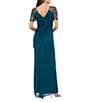 Xscape Short Beaded Sheer Flutter Sleeve Cascading Draped Waist V-Neck Beaded Gown, Color:Neon Emerald - Image 2