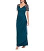 Xscape Short Beaded Sheer Flutter Sleeve Cascading Draped Waist V-Neck Beaded Gown, Color:Neon Emerald - Image 3