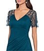Xscape Short Beaded Sheer Flutter Sleeve Cascading Draped Waist V-Neck Beaded Gown, Color:Neon Emerald - Image 4